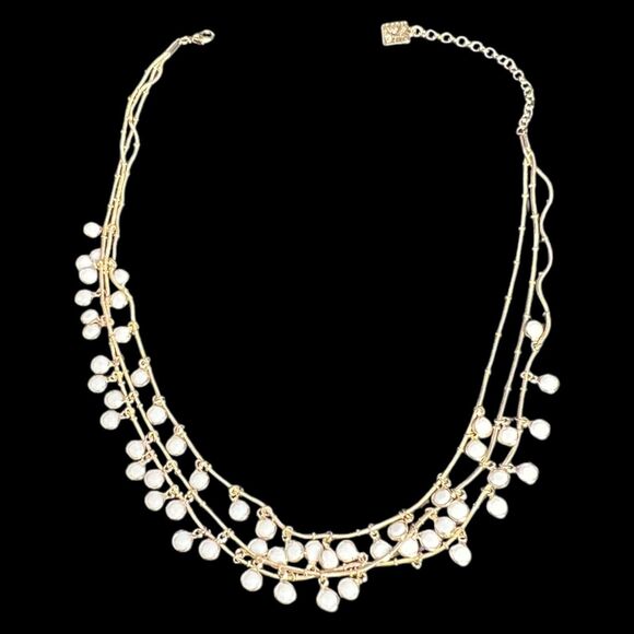 Anne Klein Vintage Triple Row Strand Bezel Gold Tone Chain White Beaded Necklace - Picture 3 of 5